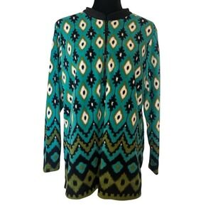 NWT Bob Mackie 1/4 Zip Black and Green Artistic Fleece Pullover Top Size Medium